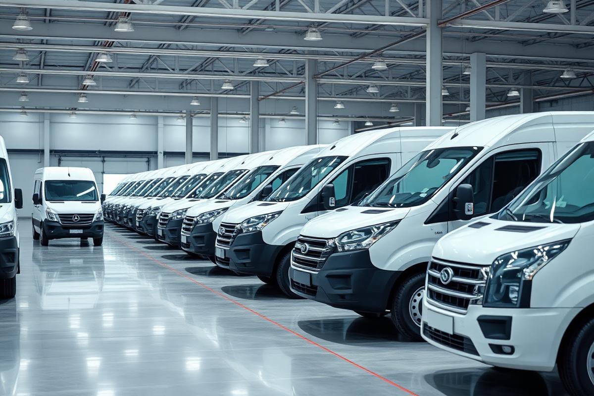 Row of white fleet vehicles in a dealership warehouse awaiting dent repair