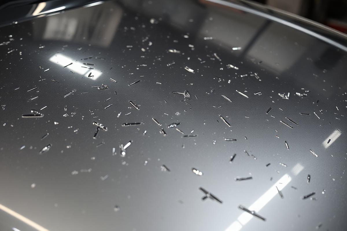 Hail damage dents across a metallic car roof before paintless dent repair